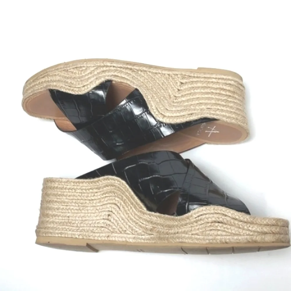 Aquatalia Marina Leather Croc Embossed Crisscross Espadrille Wedges Black Size 7